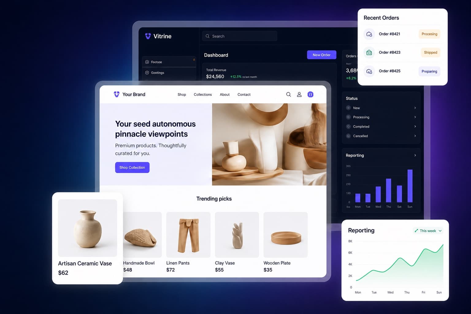 Layered Vitrine storefront and operations dashboard preview